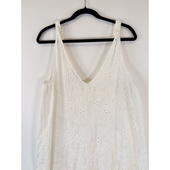ZARA Womens Jumpsuit White Floral Eyelet V Neck Sleeveless Wide Leg Boho Large - Picture 9 of 11